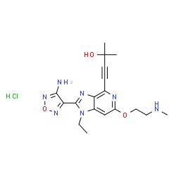ChemSpider 2D Image | 4-{2-(4-Amino-1,2,5-oxadiazol-3-yl)-1-ethyl-6-[2-(methylamino)ethoxy]-1H-imidazo[4,5-c]pyridin-4-yl}-2-methyl-3-butyn-2-ol hydrochloride (1:1) | C18H24ClN7O3