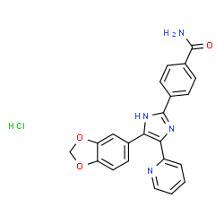 ChemSpider 2D Image | 4-[4-(1,3-Benzodioxol-5-yl)-5-(2-pyridinyl)-1H-imidazol-2-yl]benzamide hydrochloride (1:1) | C22H17ClN4O3