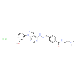 ChemSpider 2D Image | N-[2-(Dimethylamino)ethyl]-4-[(E)-{[1-(3-methoxyphenyl)-1H-pyrazolo[3,4-d]pyrimidin-4-yl]hydrazono}methyl]benzamide hydrochloride (1:1) | C24H27ClN8O2