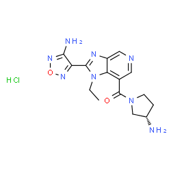 ChemSpider 2D Image | [2-(4-Amino-1,2,5-oxadiazol-3-yl)-1-ethyl-1H-imidazo[4,5-c]pyridin-7-yl][(3S)-3-amino-1-pyrrolidinyl]methanone hydrochloride (1:1) | C15H19ClN8O2