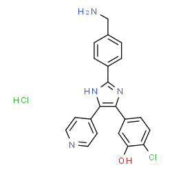 ChemSpider 2D Image | 5-{2-[4-(Aminomethyl)phenyl]-4-(4-pyridinyl)-1H-imidazol-5-yl}-2-chlorophenol hydrochloride (1:1) | C21H18Cl2N4O