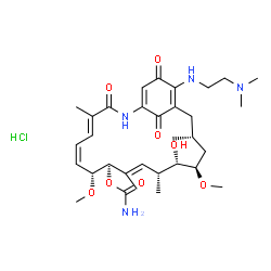 ChemSpider 2D Image | (4E,6Z,8R,9R,10E,12R,13S,14R,16R)-19-{[2-(Dimethylamino)ethyl]amino}-13-hydroxy-8,14-dimethoxy-4,10,12,16-tetramethyl-3,20,22-trioxo-2-azabicyclo[16.3.1]docosa-1(21),4,6,10,18-pentaen-9-yl carbamate h
ydrochloride (1:1) | C32H49ClN4O8