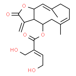 ChemSpider 2D Image | (6Z,10E)-6,10-Dimethyl-3-methylene-2-oxo-2,3,3a,4,5,8,9,11a-octahydrocyclodeca[b]furan-4-yl (2E)-4-hydroxy-2-(hydroxymethyl)-2-butenoate | C20H26O6