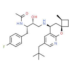 ChemSpider 2D Image | N-[(2S,3R)-4-{[(1S,2S,4'S)-6'-(2,2-Dimethylpropyl)-2-methyl-3',4'-dihydrospiro[cyclobutane-1,2'-pyrano[2,3-b]pyridin]-4'-yl]amino}-1-(4-fluorophenyl)-3-hydroxy-2-butanyl]acetamide | C29H40FN3O3