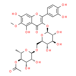 ChemSpider 2D Image | 2-(3,4-Dihydroxyphenyl)-5,7-dihydroxy-6-methoxy-4-oxo-4H-chromen-3-yl 6-O-(4-O-acetyl-6-deoxy-alpha-L-mannopyranosyl)-beta-D-glucopyranoside | C30H34O18