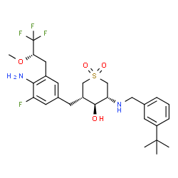 ChemSpider 2D Image | (3S,4S,5R)-3-{4-Amino-3-fluoro-5-[(2S)-3,3,3-trifluoro-2-methoxypropyl]benzyl}-5-{[3-(2-methyl-2-propanyl)benzyl]amino}tetrahydro-2H-thiopyran-4-ol 1,1-dioxide | C27H36F4N2O4S