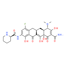 ChemSpider 2D Image | (2R)-N-[(5aR,6aS,7S,10aS)-9-Carbamoyl-7-(dimethylamino)-4-fluoro-1,8,10a,11-tetrahydroxy-10,12-dioxo-5,5a,6,6a,7,10,10a,12-octahydro-2-tetracenyl]-2-piperidinecarboxamide | C27H31FN4O8