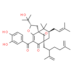 ChemSpider 2D Image | (1R,3S,8R,10S)-6-(3,4-Dihydroxybenzoyl)-3-(2-hydroxy-2-propanyl)-8-(2-isopropenyl-5-methyl-5-hexen-1-yl)-11,11-dimethyl-10-(3-methyl-2-buten-1-yl)-4-oxatricyclo[6.3.1.0~1,5~]dodec-5-ene-7,12-dione | C38H50O7