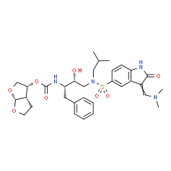 ChemSpider 2D Image | (3R,3aS,6aR)-Hexahydrofuro[2,3-b]furan-3-yl {(2S,3R)-4-[({3-[(dimethylamino)methylene]-2-oxo-2,3-dihydro-1H-indol-5-yl}sulfonyl)(isobutyl)amino]-3-hydroxy-1-phenyl-2-butanyl}carbamate | C32H42N4O8S