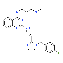 ChemSpider 2D Image | N'-{2-[(2E)-2-{[1-(4-Fluorobenzyl)-1H-imidazol-2-yl]methylene}hydrazino]-4-quinazolinyl}-N,N-dimethyl-1,3-propanediamine | C24H27FN8