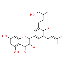 ChemSpider 2D Image | 5,7-Dihydroxy-2-[4-hydroxy-3-(4-hydroxy-3-methylbutyl)-5-(3-methyl-2-buten-1-yl)phenyl]-3-methoxy-4H-chromen-4-one | C26H30O7