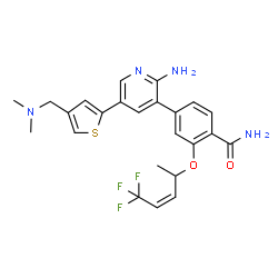 ChemSpider 2D Image | 4-(2-Amino-5-{4-[(dimethylamino)methyl]-2-thienyl}-3-pyridinyl)-2-{[(3Z)-5,5,5-trifluoro-3-penten-2-yl]oxy}benzamide | C24H25F3N4O2S