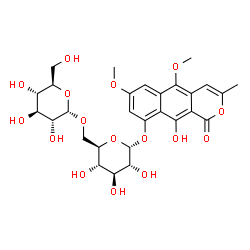 ChemSpider 2D Image | 10-Hydroxy-5,7-dimethoxy-3-methyl-1-oxo-1H-benzo[g]isochromen-9-yl 6-O-alpha-D-glucopyranosyl-alpha-D-glucopyranoside | C28H34O16