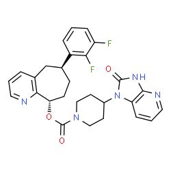 ChemSpider 2D Image | [(6S,9S)-6-(2,3-difluorophenyl)-6,7,8,9-tetrahydro-5H-cyclohepta[b]pyridin-9-yl] 4-(2-oxo-3H-imidazo[4,5-b]pyridin-1-yl)piperidine-1-carboxylate | C28H27F2N5O3