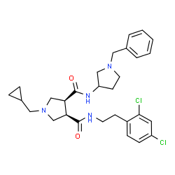 ChemSpider 2D Image | (3S,4R)-N-(1-Benzyl-3-pyrrolidinyl)-1-(cyclopropylmethyl)-N'-[2-(2,4-dichlorophenyl)ethyl]-3,4-pyrrolidinedicarboxamide | C29H36Cl2N4O2