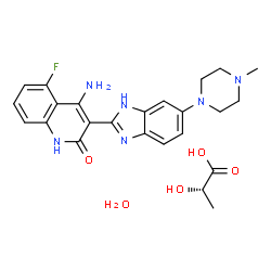 ChemSpider 2D Image | (2S)-2-Hydroxypropanoic acid - 4-amino-5-fluoro-3-[5-(4-methyl-1-piperazinyl)-1H-benzimidazol-2-yl]-2(1H)-quinolinone hydrate (1:1:1) | C24H29FN6O5