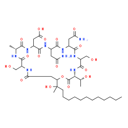 ChemSpider 2D Image | [(3R,18R)-9,12-Bis(2-amino-2-oxoethyl)-3-[(1R)-1-hydroxyethyl]-6,21-bis(hydroxymethyl)-25-(2-hydroxy-2-tetradecanyl)-18-methyl-2,5,8,11,14,17,20,23-octaoxo-1-oxa-4,7,10,13,16,19,22-heptaazacyclopentac
osan-15-yl]acetic acid | C42H71N9O17