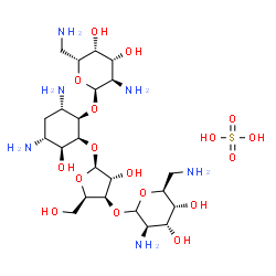 ChemSpider 2D Image | (1R,2S,3S,4R,6S)-4,6-Diamino-2-{[3-O-(2,6-diamino-2,6-dideoxy-L-altropyranosyl)-beta-D-xylofuranosyl]oxy}-3-hydroxycyclohexyl 2,6-diamino-2,6-dideoxy-alpha-D-galactopyranoside sulfate (1:1) | C23H48N6O17S