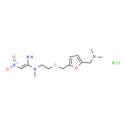 ChemSpider 2D Image | (E)-N-{2-[({5-[(Dimethylamino)methyl]-2-furyl}methyl)sulfanyl]ethyl}-N-methyl-2-nitro-1,1-ethenediamine hydrochloride (1:1) | C13H23ClN4O3S