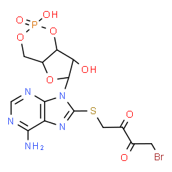 ChemSpider 2D Image | 1-{[6-Amino-9-(2,7-dihydroxy-2-oxidotetrahydro-4H-furo[3,2-d][1,3,2]dioxaphosphinin-6-yl)-9H-purin-8-yl]sulfanyl}-4-bromo-2,3-butanedione | C14H15BrN5O8PS
