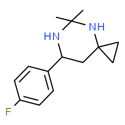 ChemSpider 2D Image | 7-(4-Fluorophenyl)-5,5-dimethyl-4,6-diazaspiro[2.5]octane | C14H19FN2