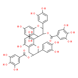 ChemSpider 2D Image | 2,2'-Bis(3,4-dihydroxyphenyl)-5,5',7,7'-tetrahydroxy-3,3',4,4'-tetrahydro-2H,2'H-4,8'-bichromene-3,3'-diyl bis(3,4,5-trihydroxybenzoate) | C44H34O20
