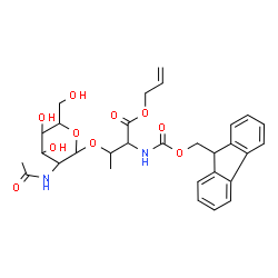 ChemSpider 2D Image | Allyl 3-{[3-acetamido-4,5-dihydroxy-6-(hydroxymethyl)tetrahydro-2H-pyran-2-yl]oxy}-2-{[(9H-fluoren-9-ylmethoxy)carbonyl]amino}butanoate | C30H36N2O10