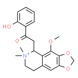 ChemSpider 2D Image | 5-[2-(2-Hydroxyphenyl)-2-oxoethyl]-4-methoxy-6,6-dimethyl-5,6,7,8-tetrahydro[1,3]dioxolo[4,5-g]isoquinolin-6-ium | C21H24NO5