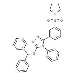 ChemSpider 2D Image | 3-[(Diphenylmethyl)sulfanyl]-4-phenyl-5-[3-(1-pyrrolidinylsulfonyl)phenyl]-4H-1,2,4-triazole | C31H28N4O2S2