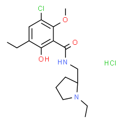 ChemSpider 2D Image | 3-Chloro-5-ethyl-N-[(1-ethyl-2-pyrrolidinyl)methyl]-6-hydroxy-2-methoxybenzamide hydrochloride (1:1) | C17H26Cl2N2O3