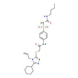 ChemSpider 2D Image | 2-[(4-Allyl-5-cyclohexyl-4H-1,2,4-triazol-3-yl)sulfanyl]-N-{4-[(butylcarbamoyl)sulfamoyl]phenyl}acetamide | C24H34N6O4S2