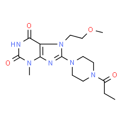 ChemSpider 2D Image | 7-(2-Methoxyethyl)-3-methyl-8-(4-propionyl-1-piperazinyl)-3,7-dihydro-1H-purine-2,6-dione | C16H24N6O4