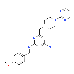 ChemSpider 2D Image | N-(4-Methoxybenzyl)-6-{[4-(2-pyrimidinyl)-1-piperazinyl]methyl}-1,3,5-triazine-2,4-diamine | C20H25N9O