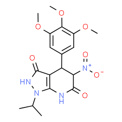 ChemSpider 2D Image | 1-Isopropyl-5-nitro-4-(3,4,5-trimethoxyphenyl)-4,7-dihydro-1H-pyrazolo[3,4-b]pyridine-3,6(2H,5H)-dione | C18H22N4O7