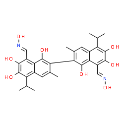 ChemSpider 2D Image | 8,8'-Bis[(E)-(hydroxyimino)methyl]-5,5'-diisopropyl-3,3'-dimethyl-2,2'-binaphthalene-1,1',6,6',7,7'-hexol | C30H32N2O8