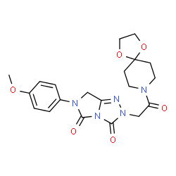 ChemSpider 2D Image | 2-[2-(1,4-Dioxa-8-azaspiro[4.5]dec-8-yl)-2-oxoethyl]-6-(4-methoxyphenyl)-6,7-dihydro-3H-imidazo[5,1-c][1,2,4]triazole-3,5(2H)-dione | C20H23N5O6