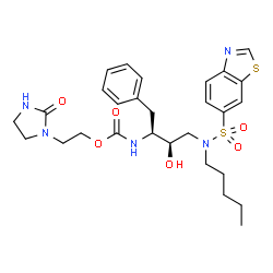 ChemSpider 2D Image | 2-(2-Oxo-1-imidazolidinyl)ethyl {(2S,3R)-4-[(1,3-benzothiazol-6-ylsulfonyl)(pentyl)amino]-3-hydroxy-1-phenyl-2-butanyl}carbamate | C28H37N5O6S2