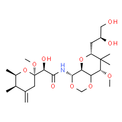 ChemSpider 2D Image | (2R)-N-{(4S,4aS,6R,8S)-6-[(2S)-2,3-Dihydroxypropyl]-8-methoxy-7,7-dimethylhexahydropyrano[3,2-d][1,3]dioxin-4-yl}-2-hydroxy-2-[(2R,5R,6R)-2-methoxy-5,6-dimethyl-4-methylenetetrahydro-2H-pyran-2-yl]ace
tamide | C24H41NO10