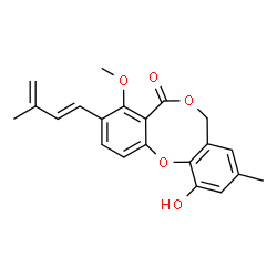 ChemSpider 2D Image | 11-Hydroxy-4-methoxy-9-methyl-3-[(1E)-3-methyl-1,3-butadien-1-yl]-5H,7H-dibenzo[b,g][1,5]dioxocin-5-one | C21H20O5