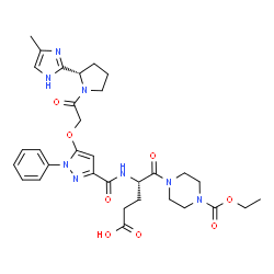 ChemSpider 2D Image | (4S)-5-[4-(Ethoxycarbonyl)-1-piperazinyl]-4-{[(5-{2-[(2S)-2-(4-methyl-1H-imidazol-2-yl)-1-pyrrolidinyl]-2-oxoethoxy}-1-phenyl-1H-pyrazol-3-yl)carbonyl]amino}-5-oxopentanoic acid | C32H40N8O8