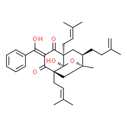 ChemSpider 2D Image | (1R,2R,4R,6E,8S,9R)-9-Hydroxy-6-[hydroxy(phenyl)methylene]-1-methyl-4,8-bis(3-methyl-2-buten-1-yl)-2-(3-methyl-3-buten-1-yl)-10-oxatricyclo[6.2.1.0~4,9~]undecane-5,7-dione | C33H42O5