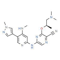 ChemSpider 2D Image | 3-{[(2R)-1-(Dimethylamino)-2-propanyl]oxy}-5-{[4-(methylamino)-5-(1-methyl-1H-pyrazol-4-yl)-2-pyridinyl]amino}-2-pyrazinecarbonitrile | C20H25N9O