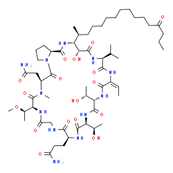 ChemSpider 2D Image | 3-{(3R,4R,7S,10E,13S,16S,19S,25S,28S,33aS)-28-(2-Amino-2-oxoethyl)-10-ethylidene-4-hydroxy-13,16-bis[(1R)-1-hydroxyethyl]-7-isopropyl-25-[(1R)-1-methoxyethyl]-27-methyl-1,5,8,11,14,17,20,23,26,29-deca
oxo-3-[(2S)-13-oxo-2-hexadecanyl]dotriacontahydro-1H-pyrrolo[2,1-c][1,4,7,10,13,16,19,22,25,28]decaazacyclohentriacontin-19-yl}propanamide | C58H98N12O17