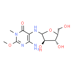 ChemSpider 2D Image | N-(4-Amino-2-methoxy-1-methyl-6-oxo-1,6-dihydro-5-pyrimidinyl)-D-xylofuranosylamine | C11H18N4O6