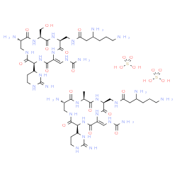 ChemSpider 2D Image | 3,6-diamino-N-[[(2S,5S,8Z,11S,15S)-15-amino-2-(hydroxymethyl)-11-(2-iminohexahydropyrimidin-4-yl)-3,6,9,12,16-pentaoxo-8-(ureidomethylene)-1,4,7,10,13-pentazacyclohexadec-5-yl]methyl]hexanamide;3,6-diamino-N-[[(2S,5S,8Z,11S,15S)-15-amino-11-(2-iminohexahydropyrimidin-4-yl)-2-methyl-3,6,9,12,16-pentaoxo-8-(ureidomethylene)-1,4,7,10,13-pentazacyclohexadec-5-yl]methyl]hexanamide;sulfuric acid | C50H92N28O23S2