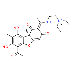 ChemSpider 2D Image | 2-({(1E)-1-[(9bR)-6-Acetyl-7,9-dihydroxy-8,9b-dimethyl-1,3-dioxo-3,9b-dihydrodibenzo[b,d]furan-2(1H)-ylidene]ethyl}amino)-N,N-diethyl-N-methylethanaminium | C25H33N2O6