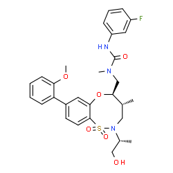 ChemSpider 2D Image | 3-(3-Fluorophenyl)-1-{[(4R,5R)-2-[(2R)-1-hydroxy-2-propanyl]-8-(2-methoxyphenyl)-4-methyl-1,1-dioxido-2,3,4,5-tetrahydro-6,1,2-benzoxathiazocin-5-yl]methyl}-1-methylurea | C29H34FN3O6S