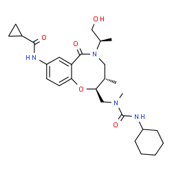 ChemSpider 2D Image | N-{(2S,3S)-2-{[(Cyclohexylcarbamoyl)(methyl)amino]methyl}-5-[(2R)-1-hydroxy-2-propanyl]-3-methyl-6-oxo-3,4,5,6-tetrahydro-2H-1,5-benzoxazocin-8-yl}cyclopropanecarboxamide | C27H40N4O5