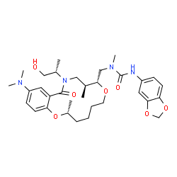 ChemSpider 2D Image | 3-(1,3-benzodioxol-5-yl)-1-[[(3R,9R,10S)-16-(dimethylamino)-12-[(2S)-1-hydroxypropan-2-yl]-3,10-dimethyl-13-oxo-2,8-dioxa-12-azabicyclo[12.4.0]octadeca-1(14),15,17-trien-9-yl]methyl]-1-methylurea | C32H46N4O7
