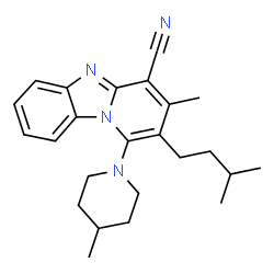 ChemSpider 2D Image | 3-Methyl-2-(3-methylbutyl)-1-(4-methyl-1-piperidinyl)pyrido[1,2-a]benzimidazole-4-carbonitrile | C24H30N4